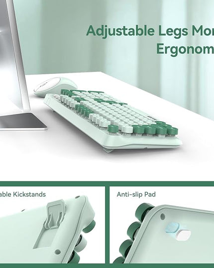 Wireless Keyboard and Mouse,Cute Retro Typewriter Computer Keyboard and Mouse Sets,Full Size 2.4G Cordless Colorful Round Keycaps Keyboard with Silent Mouse for PC Windows Laptop Office-Multi Green