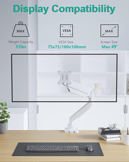 WALI Ultrawide Monitor Arm for 13 to 49 Inch Heavy Duty Curved Screens, Adjustable Gas Spring Single Monitor Desk Mount with 2 USB 3.0 Ports, Holds 33 lbs, 75x75/100x100 VESA, White (GSMU001-W)