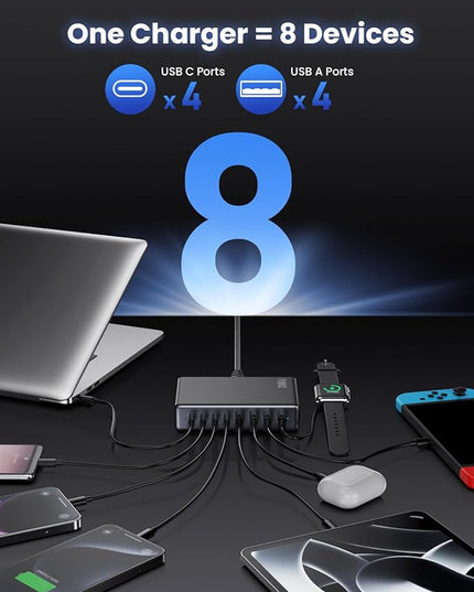 200W USB C Charger Block,GaN IV Charging Station 8 Ports,QC4.0 Fast Charging Station Hub+PD 65W USB C Laptop Charger Adapter Compatible with MacBook Air/Pro,DELL,iPhone 17/16/15,iPad,Steam Deck-Black
