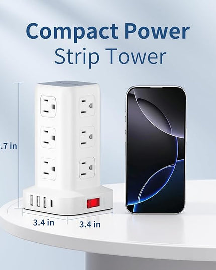 Surge Protector Power Strip 6.5 FT Cord, Power Strip Tower with 4 USB Ports (1USB C), Extension Cord with 12 AC Multiple Outlets, Home Office Supplies Desk Accessories, Dorm Room Essentials