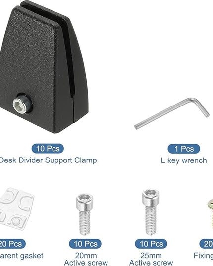 PATIKIL 10 Pcs Office Desk Partition Support Bracket, Aluminum Alloy Sneeze Guard Support Clamps Desktop Divider Clips for Offices Stores Counter Privacy Panel, Black