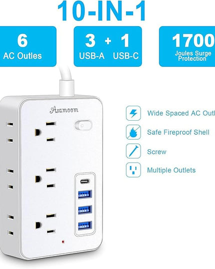 15 FT Extension Cord with Multiple Outlets, Asamoom 15 ft Surge Protector Power Strip with 6 Outlets with 4 USB Ports(1 USB C)，Flat Plug with Long Cord 1700 Joules Protection for Home Office White