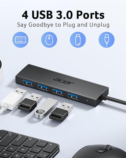 Acer USB C Hub 4 Ports, Multiple USB 3.0 Hub, USBC Splitter for Laptop with TypeC Power Port, Extender for Type C Port Laptop, PC, Desktop and More (USB-C, 0.7ft)