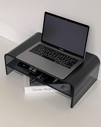 Clear Acrylic 2-Tier Monitor Stand & Desk Organizer - 16"x9.4"x5.5 H Home Office Riser with Keyboard Storage, Fits PC, Laptop, iMac, Printer, TV & Multi-Media Devices (Transparent grey)
