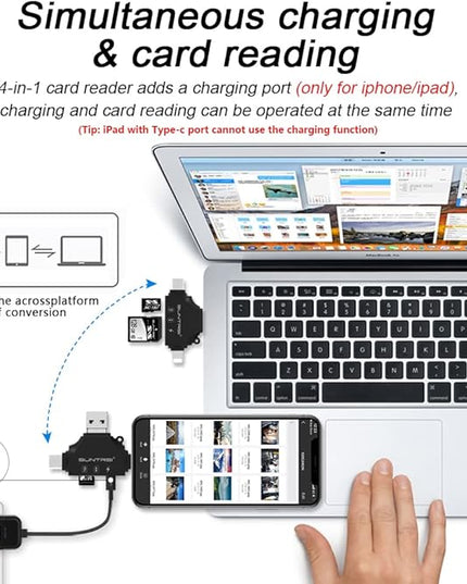 4 in 1 SD Card Reader for iPhone ipad Android Mac PC Camera,Micro SD Card Reader SD Card Adapter Portable Memory Card Reader Trail Camera Viewer for SD and TF Card