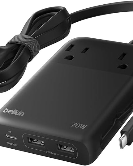 Belkin GaN Charging Station 70W, 6-in-1 USB C Charger w/ 2X AC Outlets, 2X USB A Ports, Integrated USB C Cable - Power Strip for iPhone, Apple Watch, iPad, MacBook, Chromebook, Galaxy, Pixel, & More