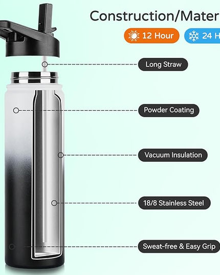 DOMICARE Insulated Water Bottle, 22 oz Vacuum Insulated Stainless Steel Reusable Sports Bottle with Straw Lid & Spout Lid for Travel, Camping, Bike, Leakproof, Black/White, 1 Pack