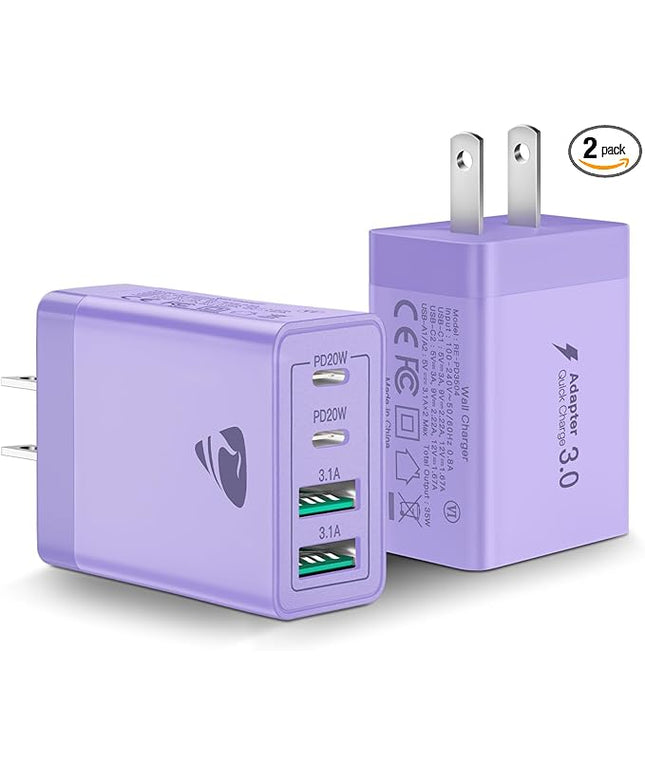 USB C Wall Charger Block 2-Pack, Aiminu 40W 4-Port PD Power Delivery Fast Type C Charging Block Plug Adapter for iPhone 15/14/13/12/11/Pro Max, XS/XR/X, iPad, Samsung, Android Phones Charger Cube
