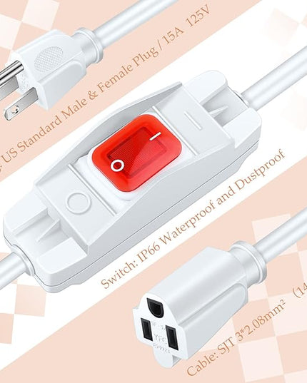 Weewooday 3 Prong Outdoor Extension Cord with Waterproof Switch 1875W Heavy Duty 14/3 SJT Cable Inline On/Off 15A 125V Grounded Outlets Plugs for Appliances (White, 6.6 ft), (HU-XI-85)