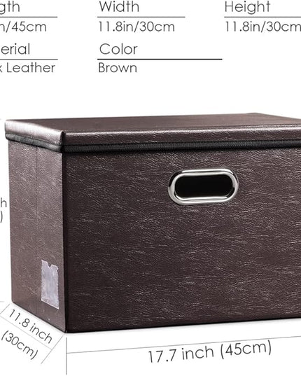 PRANDOM Large Collapsible Storage Bin with Lid [1-Pack] Leather Fabric Foldable Storage Box Organizer Containes Basket Cube with Cover for Home Bedroom Closet Office Nursery Brown (17.7x11.8x11.8)