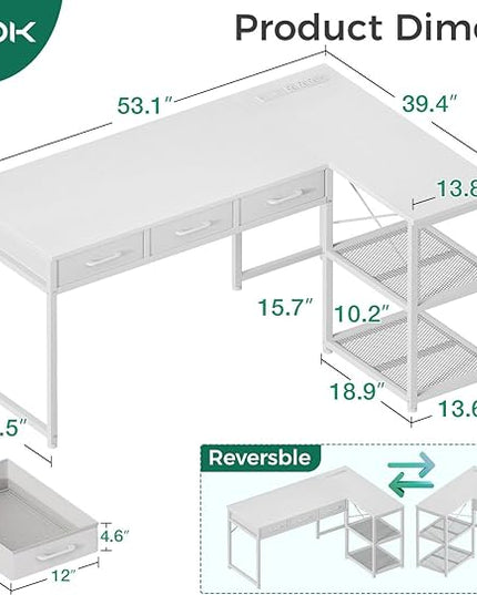 AODK 53 Inch L Shaped Computer Desk with Drawers, Corner Desk with Power Outlets & Reversible Storage Shelves, for Home Office Gaming, White