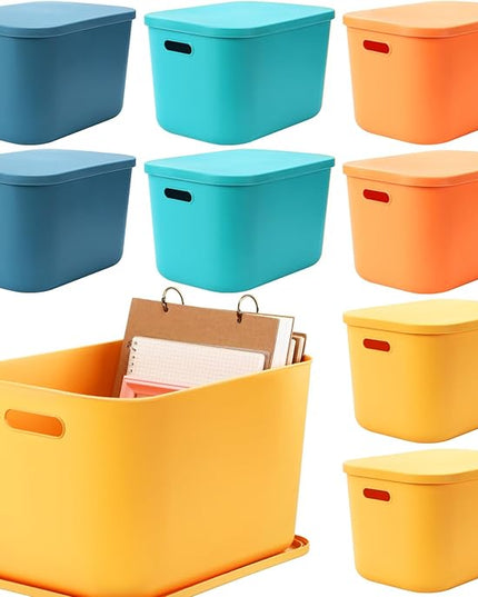 Hoolerry 8 Pieces Colorful Storage Bins with Lid, Plastic Storage Basket Organizing Container Stackable Box with Handle for Shelves Desktop Playroom Office(14.2 x 10.2 x 9.5 Inch,Multi-colored)