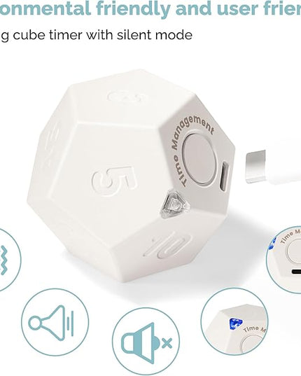 KADAMS Pomodoro Cube Timer Productivity-11 Preset Countdowns, Flip-to-Start Gravity Activation - Sound Vibrate Mute Rechargeable - Ideal for ADHD Kid Kitchen Classroom Cook Study Exercise - White