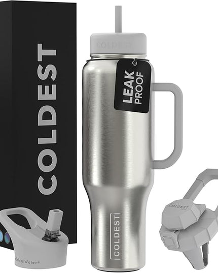 Coldest Tumbler with Handle and Straw - 100% Leak Proof Insulated Tumbler with Lid and Straw (3 Lids) - Stainless Steel Tumblers for Women & Men, Cup Holder Friendly Base, 46 oz (Polished Steel)