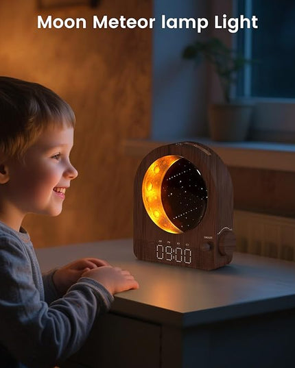 Sunrise Alarm Clock, White Noise Machine & Meteor Moonlight - 10 Soothing Sounds, Dual Alarms, 30/60/90min Timer, Easy Snooze - Bedroom Gift for Insomnia Adults/Women - Walnut