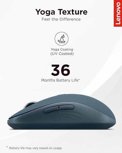 Lenovo Yoga Bluetooth Silent Mouse, 3 Level DPI Adjustment, 36 Month Battery Life, Bluetooth 5.3, 3 Device Paring, Whisper Quiet, Programmable Buttons, Smooth Finish, Tidal Teal