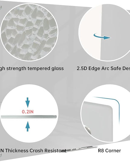 Magnetic Glass Dry Erase Board - White Board 48 x 36 Inch Wall Mounted Glass Whiteboard, Large Frameless Glass White Board for Wall Office, Home & School, Gray