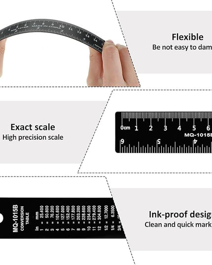 2Pcs 6 Inch 15cm Metal Ruler Set, Stainless Steel Metric Rulers with Centimeters Millimeters Inches, High Contrast Measuring Ruler for School Geometry Office Crafting(Black)