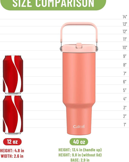 40 oz Insulated Tumbler with Top Handle and Flip Straw, Vacuum Insulated Stainless Steel Cup with Leak-Proof Lid, Sweat-Free, Fits Cup Holder, Keeps Ice Cold up to 30 Hours