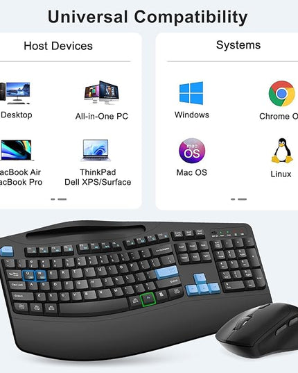 Wireless Keyboard and Mouse Combo, 2.4G Full Size Wave Keys Ergonomic Keyboard with Wrist Rest, Phone Holder, 3-Level DPI Wireless Silent Mouse with 6-Buttons, for Windows, Mac OS, Laptop (Blue Black)