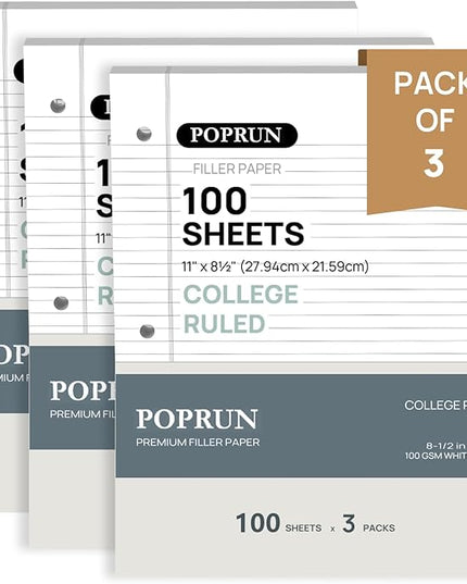 POPRUN Loose Leaf Paper, 8.5" x11" College Ruled, 100GSM / AA Grade Bulk Lined Filler Sheets, 3 Hole Punched for Binder Notebook, Office School Supplies, 3 Pack (300 Sheets)