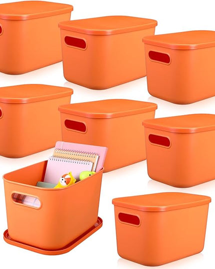 Hoolerry 8 Pieces Colorful Storage Bins with Lid, Plastic Storage Basket Organizing Container Stackable Box with Handle for Shelves Desktop Playroom Office(10.2 x 7 x 6.3 Inch,Orange)