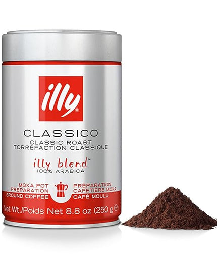 illy Ground Coffee Moka - 100% Arabica Flavored Coffee Ground - Rich Aromatic Coffee Grounds Profile – Classico Medium Roast - Notes of Caramel, Orange Blossom & Jasmine - No Preservatives – 8.8 Ounce