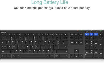 Arteck HB192 Universal Bluetooth Keyboard Multi-Device Stainless Steel Full Size Wireless Keyboard for Windows iOS Android Computer Desktop Laptop Surface Tablet Smartphone Rechargeable Battery