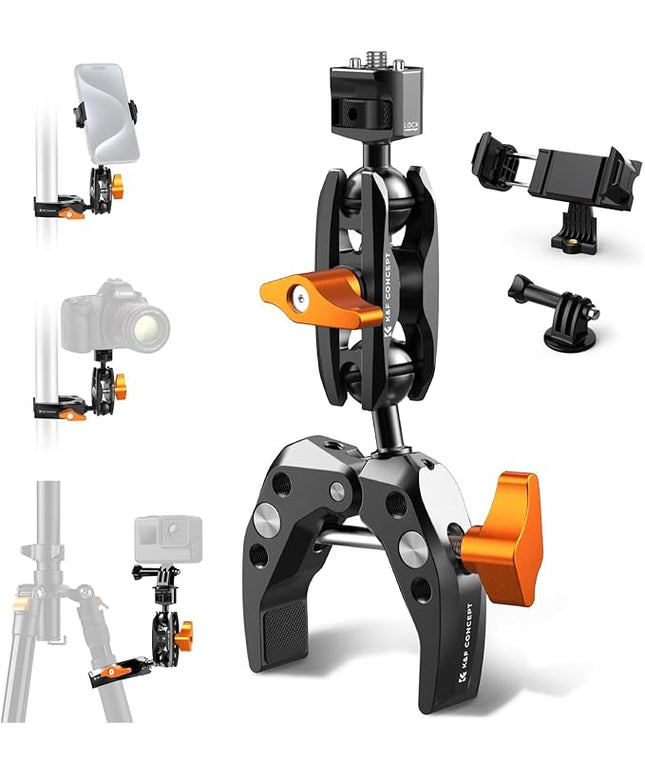K&F CONCEPT Camera Clamp Mount, Super Clamp Mount Magic Arm with Two 360° Ball Heads, ARRI 1/4" Screw Threads for DSLRs, Action Camera, Tripod, Phone Compatible with Gopro/DJI/Insta360