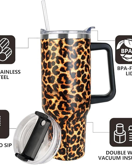 SYACOT 40 oz Tumbler with Handle and Straw Stainless Steel Insulated Tumbler Leak Proof Lid and Straw Lid Reusable Travel Mug Coffee Mug Cup Dishwasher Safe Keep Drinks Cold and Hot (Leopard)