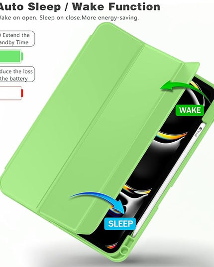 ZryXal iPad Pro 11 Inch Case (M5) 2025/ (M4) 2024 (Model: A2836/A2837/A3006), Trifold Stand Smart Cover with Pencil Holder and Soft TPU Back, Auto Wake/Sleep (Grass Green)