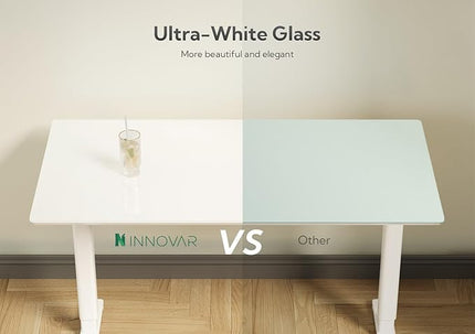 INNOVAR Glass Standing Desk with Drawers, 40×24 Inch Adjustable Stand Up Desk Quick Install Home Office Computer Desk, Super White