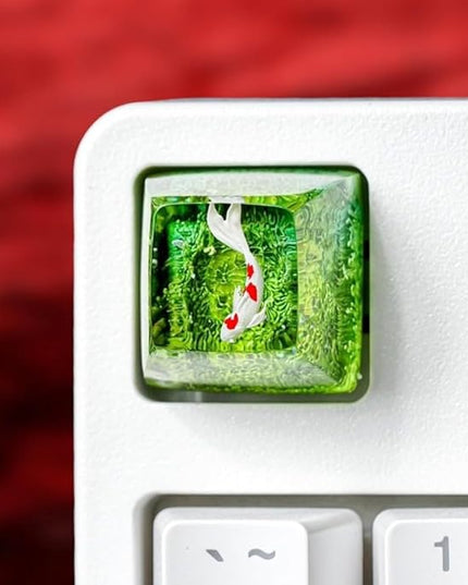 Kohaku Koi Fish Artisan Keycap Green Ocean Coral Reef R1 SA Profile Custom Keycaps 1U ESC Handmade Gaming Resin Key Cap Cherry MX Switch Compatible Mechanical Keyboard Koi Lover Gift