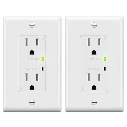 TOPGREENER Decorator Receptacle Outlet w/Surge Protector and Grounding Indicator, Child Safe, Tamper-Resistant, Self-Grounding, 900 Joules, 2-Pole, 15A 125V, UL Listed, TGTRSS215R-2PCS