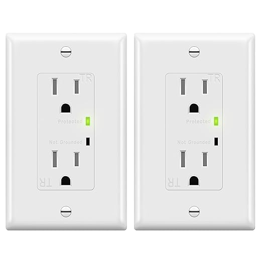 TOPGREENER Decorator Receptacle Outlet w/Surge Protector and Grounding Indicator, Child Safe, Tamper-Resistant, Self-Grounding, 900 Joules, 2-Pole, 15A 125V, UL Listed, TGTRSS215R-2PCS