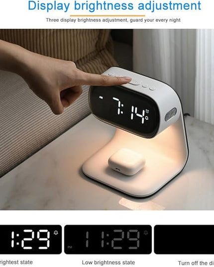3in1 Multi-Functional Wireless Charging Alarm Clock Smart Night Light Qi Charger LED Digital Clock Adjustable Light 15W Fast Wireless Charging for All Qi Phone and TWS Headphone White