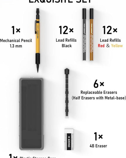 Four Candies 1.3mm Mechanical Pencil Set with 24 Lead Refills, Metal Weatherproof Heavy Duty Outdoor Carpenter Pencil, Eraser, 6 Eraser Refills for Architect Drafting Woodworking Marking with Case