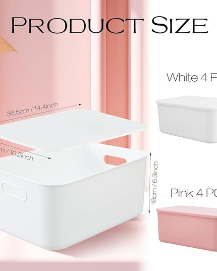 Hoolerry 8 Pieces Colorful Storage Bins with Lid, Plastic Storage Basket Organizing Container Stackable Box with Handle for Shelves Desktop Playroom Office(13.8 x 9.8 x 5.9 Inch,White and Pink)