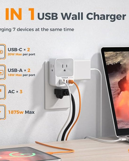 USB C Charger Block 20W PD, TESSAN 4 USB Wall Charger Fast Charging with 3 Outlet Extender Surge Protector, 3 Side Multi Port Adapter, Electric Multiple Outlet Plug for Home Office Dorm Room