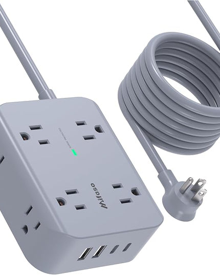 Power Strip Surge Protector - Flat Plug, Wall Mount, 8 Wide Outlets with 4 USB Ports (2 USB C), 5FT Heavy Duty Extension Cord with Multiple Outlets, Charging Station Home Dorm Office Accessories Gray