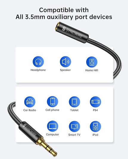Syncwire Headphone Extension Cable - 6FT [Hi-Fi Sound][Gold Plated Jack][TRS] Nylon-Braided 3.5mm Male to Female Audio Extension Cord Compatible with iPhone iPad Smartphone Tablets Media Players