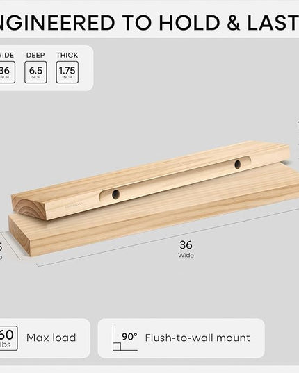 Homeforia 36 inch Natural Floating Shelf, High End Solid Real Wood 36inch Small Floating Shelves for Wall Mounted, Natural Wooden Floating Shelves, Heavy Duty Bracket, 36 X 6.5 X 1.75 in, Set of 2
