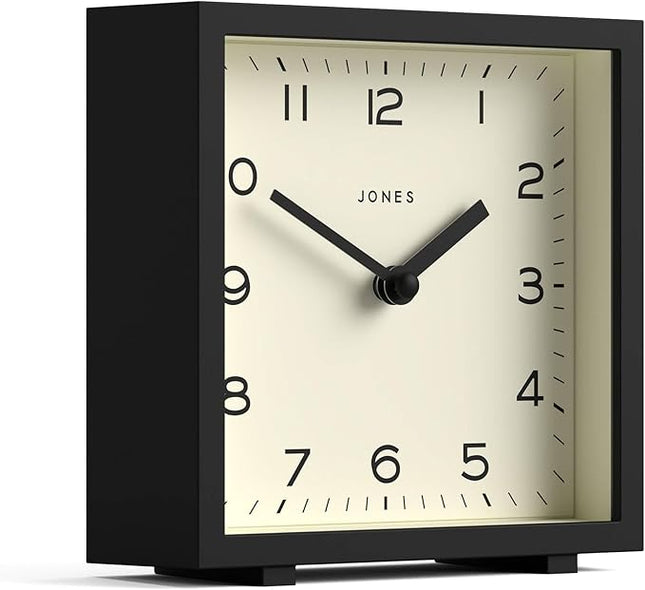 JONES CLOCKS® Disco Desk Clock | Sleek Square Design | Black | Stylish and Easy to Read for Shelf, Table, Mantel or Bedside
