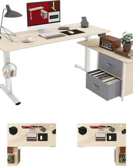 SANODESK 63'' L Shaped Standing Desk with 2-Drawer File Cabinet, Electric Height Adjustable Stand up Desk w/USB Charge Ports, Home Office Modern Wood Computer Desk with Shelves,White Frame/Maple Top