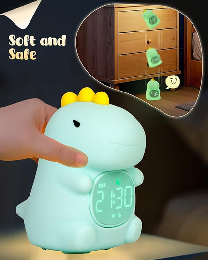 Dinosaus Alarm Clock for Kids with Night Light, Sleep Training Clock Time to Wake Clock, Rechargeable Silicone Light for Bedroom, Perfect Sleep Companion for Boys Girls