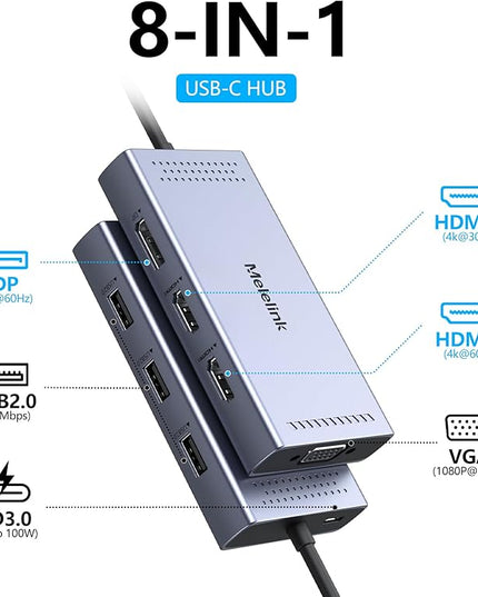 USB C Docking Station Dual HDMI Monitor Adapter, Melelink USB C Hub 3 Monitors Adapter with 2x HDMI 4K,Displayport,VGA,100W PD Charging,3 USB2.0, 8 in 1 Laptop Docking Station for Dell, HP, Lenovo,etc
