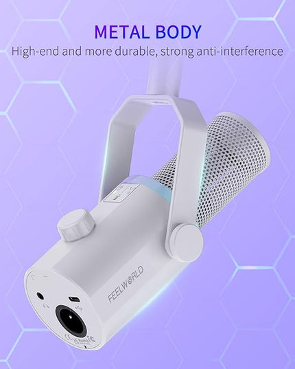 FEELWORLD PM1 XLR USB Dynamic Microphone Gifts for Podcast Recording PC Computer Gaming Live Streaming Vocal Voice-Over, Studio Metal Mic with RGB Light, Mute Button, Headphones Jack (White)