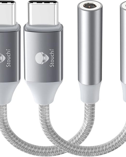 Stouchi USB C to 3.5mm Dongle Adapter, Type C Headphone Audio Jack Cable Cord Hi-Fi DAC Chip for iPhone 17/16 /15, Pixel 9/8 /7/6, iPad, Samsung Galaxy S25 S24 S23 Ultra (2, Silver, 0.38ft*2)