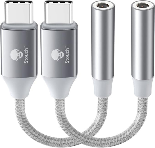 Stouchi USB C to 3.5mm Dongle Adapter, Type C Headphone Audio Jack Cable Cord Hi-Fi DAC Chip for iPhone 17/16 /15, Pixel 9/8 /7/6, iPad, Samsung Galaxy S25 S24 S23 Ultra (2, Silver, 0.38ft*2)