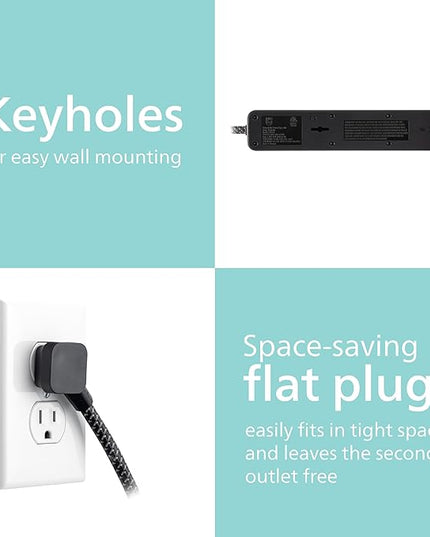 PHILIPS 4-Outlet Surge Protector Power Strip, 450J, Adapter-Spaced, 4ft Braided Cord, Outlet Extender, Extension Cord, for Home School or Office, Black, SPP3503B/37